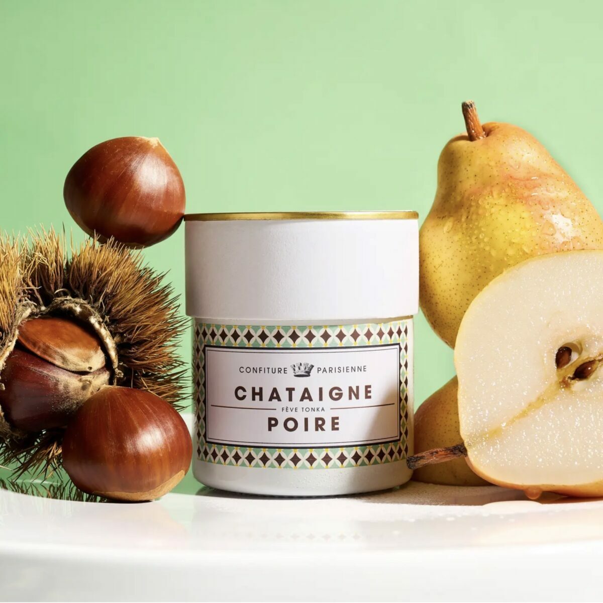Pot de 100g de confiture artisanale Châtaigne, Poire et Fève Tonka par Confiture Parisienne.