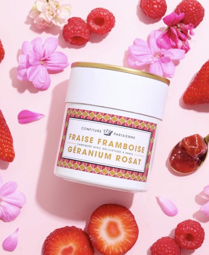 Pot de confiture artisanale Fraise, Framboise et Géranium par Confiture Parisienne.