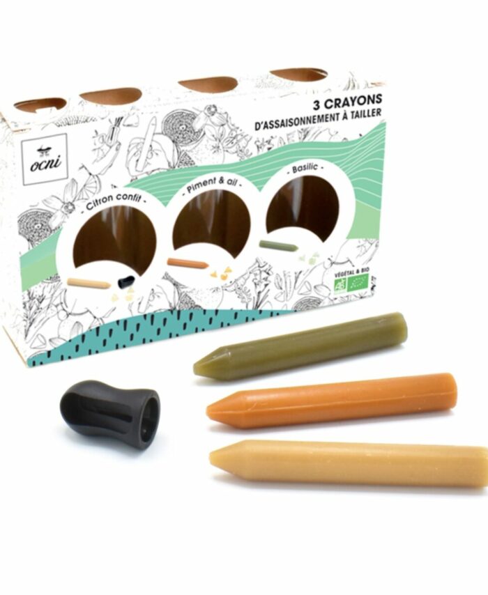 Coffret cadeau OCNI contenant 3 crayons d'assaisonnement (Citron confit bio, Basilic bio, Piment & Ail) et son taille-crayon.