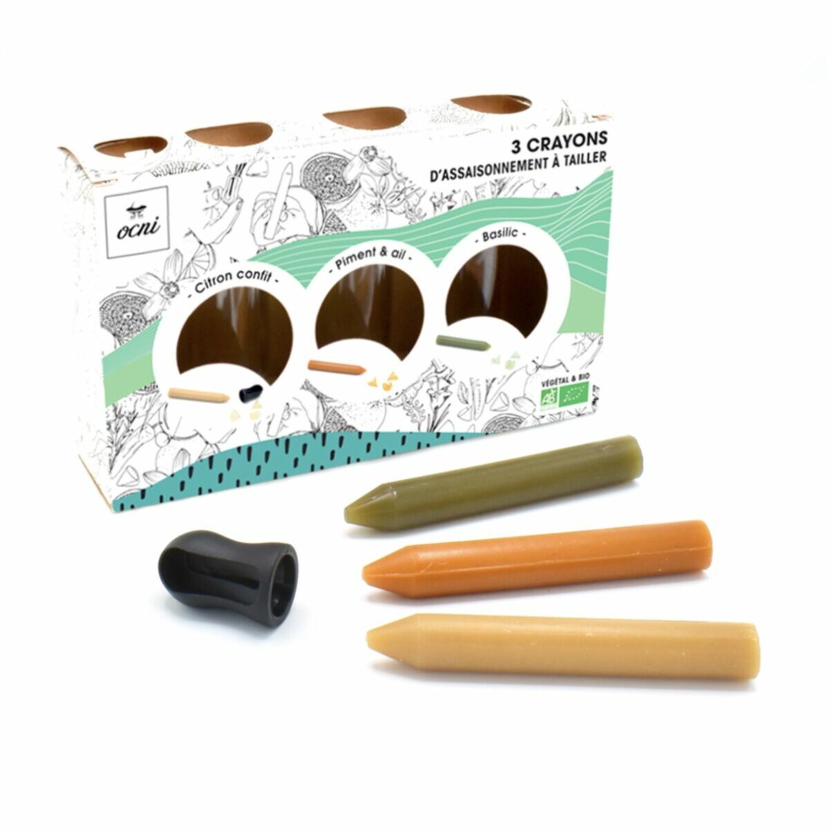 Coffret cadeau OCNI contenant 3 crayons d'assaisonnement (Citron confit bio, Basilic bio, Piment & Ail) et son taille-crayon.
