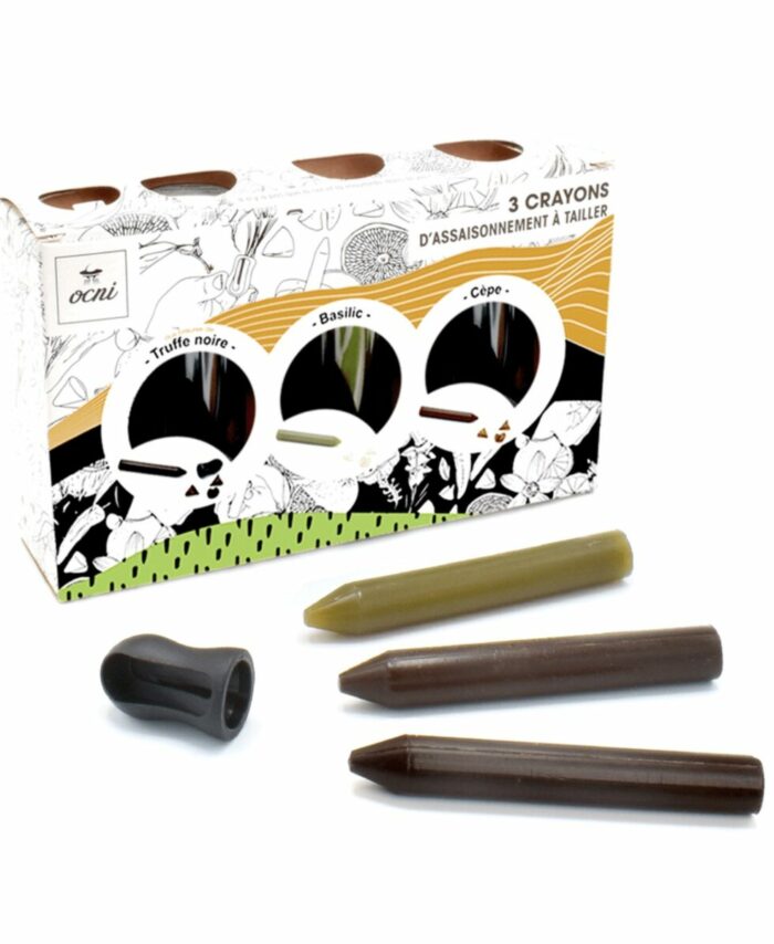 Coffret gastronomique OCNI contenant 3 crayons d'assaisonnement (Truffe noire, Cèpe, Basilic bio) et son taille-crayon.