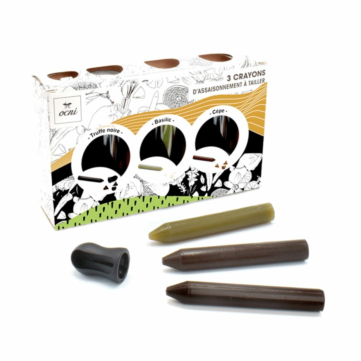 Coffret gastronomique OCNI contenant 3 crayons d'assaisonnement (Truffe noire, Cèpe, Basilic bio) et son taille-crayon.