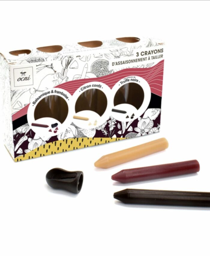 Coffret cadeau OCNI comprenant 3 crayons d'assaisonnement (Truffe noire, Balsamique & Framboise, Citron) et un taille-crayon.
