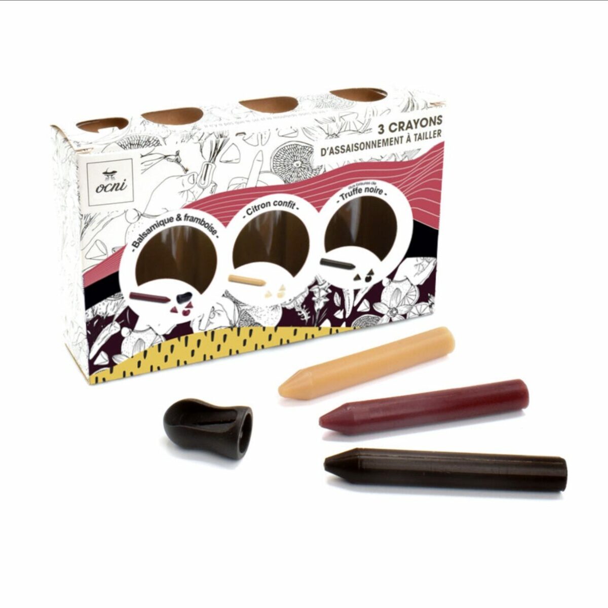 Coffret cadeau OCNI comprenant 3 crayons d'assaisonnement (Truffe noire, Balsamique & Framboise, Citron) et un taille-crayon.
