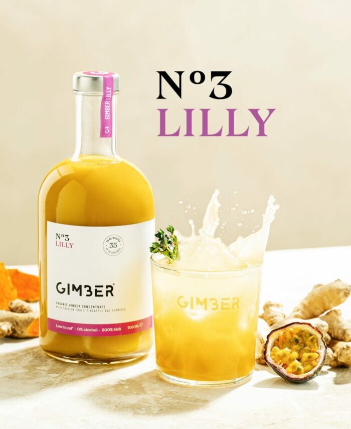 Bouteille de 500 ml de concentré de gingembre bio GIMBER N°3 Sweet Lilly aux fruits tropicaux.