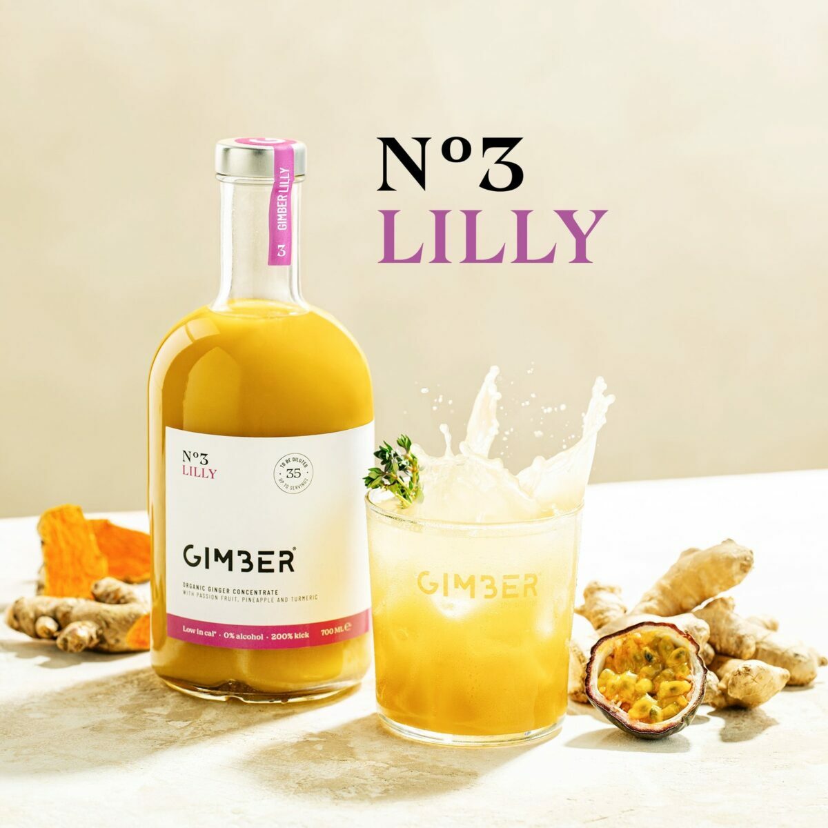 Bouteille de 500 ml de concentré de gingembre bio GIMBER N°3 Sweet Lilly aux fruits tropicaux.