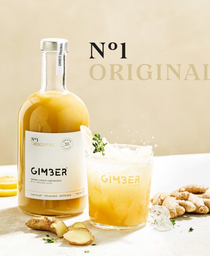 Bouteille de 500 ml de concentré de gingembre biologique GIMBER N°1 Original avec étiquette jaune.