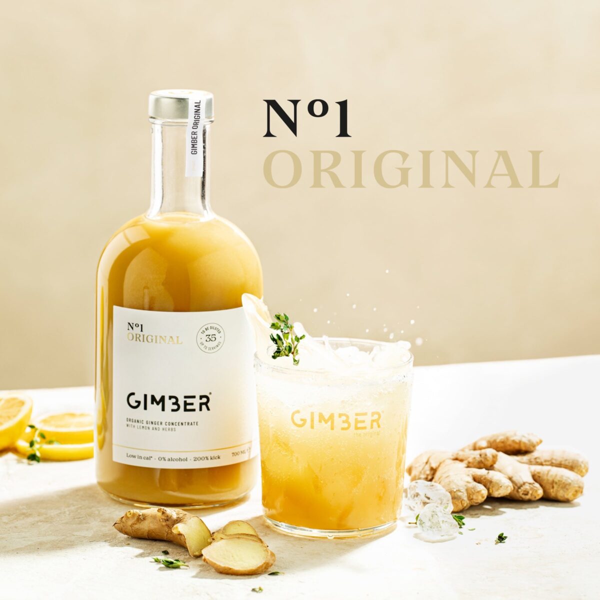 Bouteille de 500 ml de concentré de gingembre biologique GIMBER N°1 Original avec étiquette jaune.