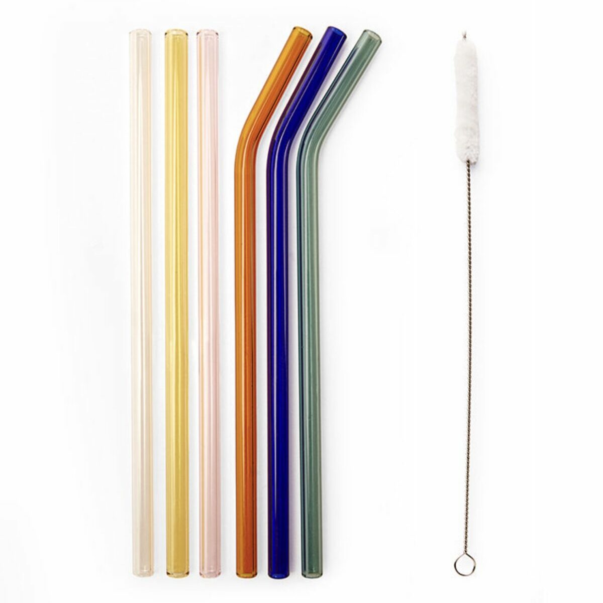 Lot de 6 pailles réutilisables en verre coloré (3 droites, 3 coudées) avec leur brosse de nettoyage, marque Kikkerland.