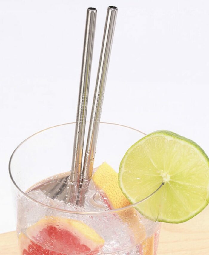 Deux pailles réutilisables en inox Kikkerland dans un verre de boisson fraîche avec des tranches d'agrumes.