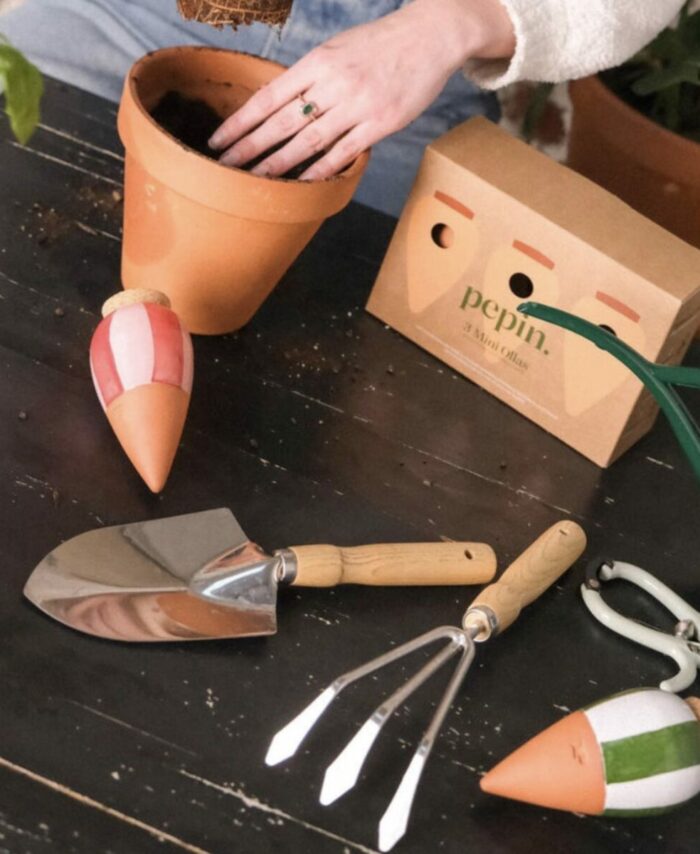 Lot de trois mini ollas en terre cuite avec motifs à rayures colorées pour arrosage de plantes, marque Pépin.