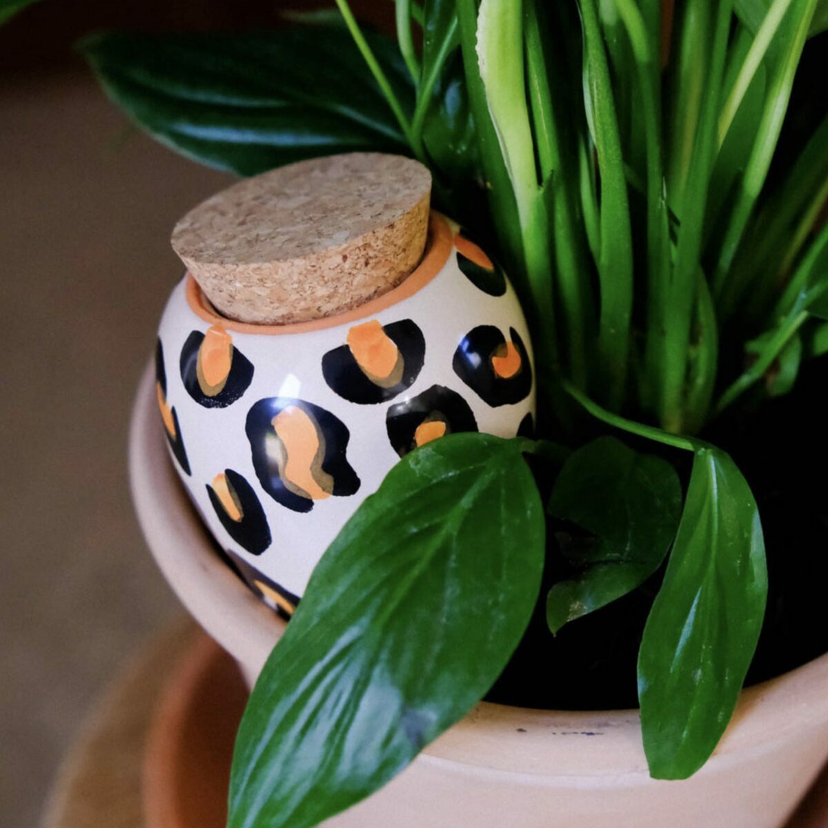Olla individuelle Pépin motif léopard beige en terre cuite émaillée pour plantes d'intérieur.