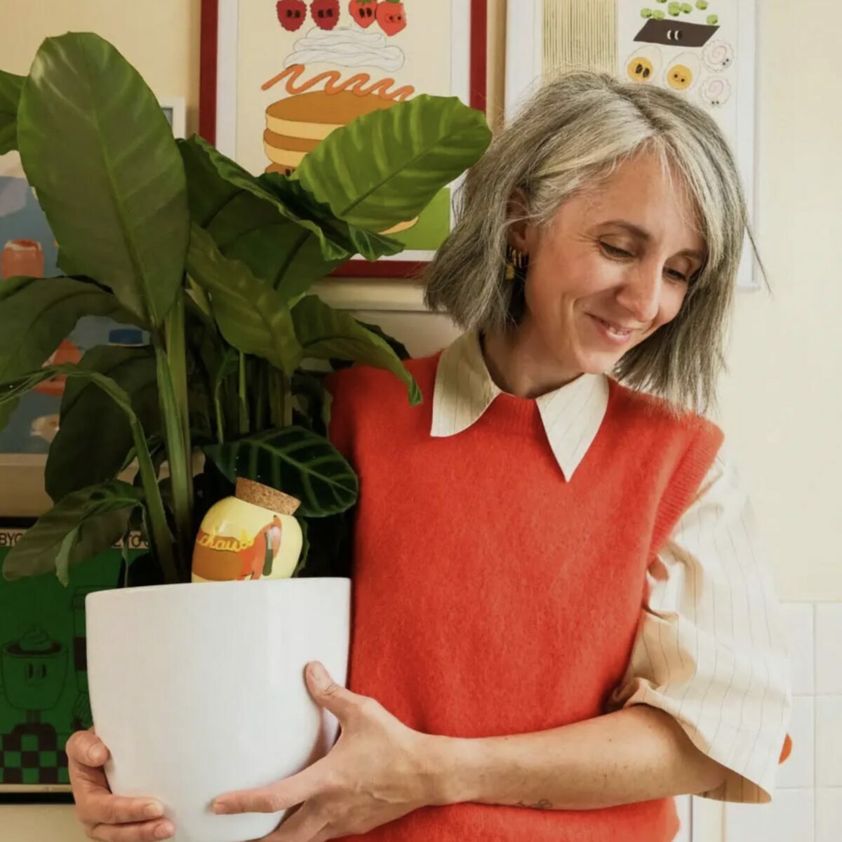Olla illustrée Hot-Dog Pépin installée dans un pot de plante d'intérieur originale.