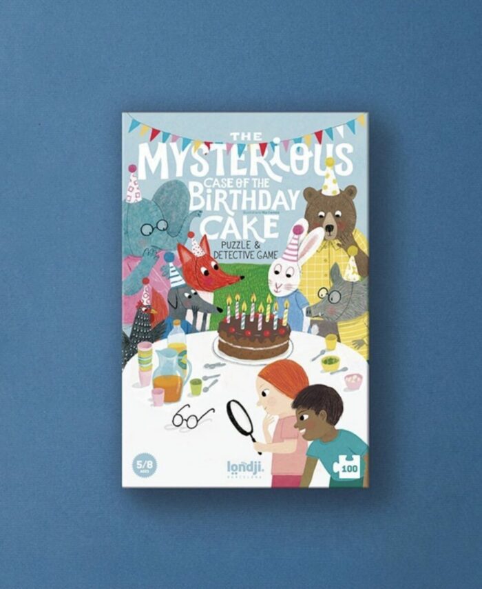 Boîte du puzzle Londji "The Mysterious Case of the Birthday Cake" montrant des animaux de la forêt