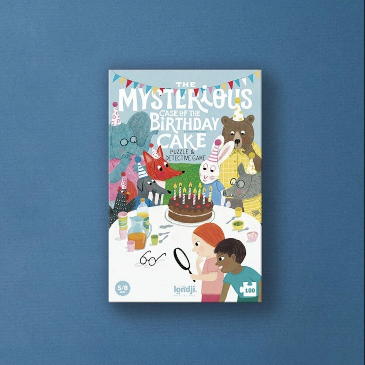 Boîte du puzzle Londji "The Mysterious Case of the Birthday Cake" montrant des animaux de la forêt