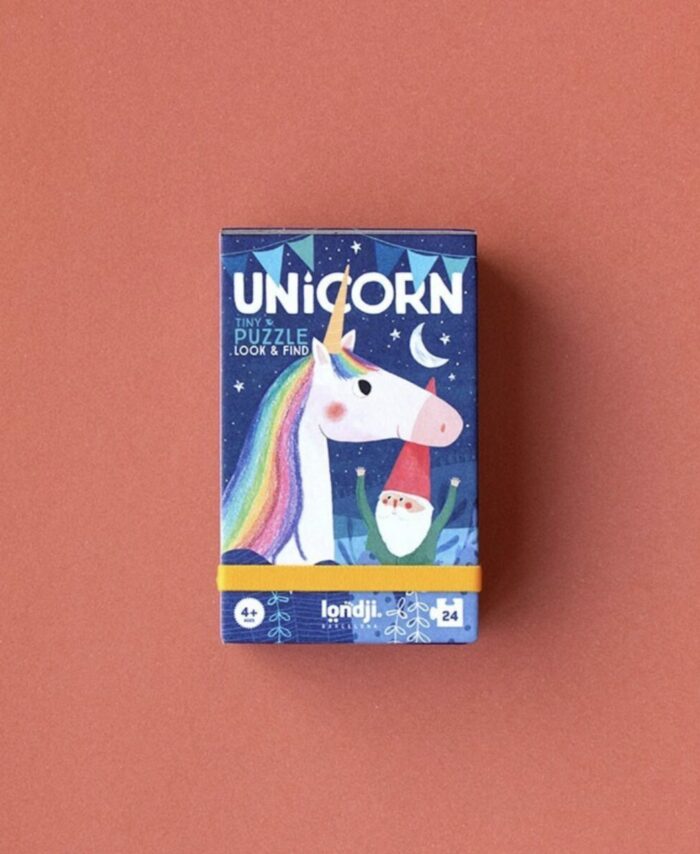 Boîte de poche du Tiny Puzzle Unicorn de Londji avec illustration de licorne.