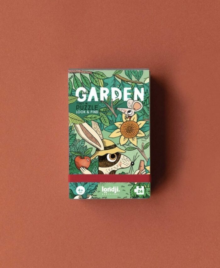 Boîte de poche blanche du Tiny Puzzle Garden de Londji illustrant un lapin et des légumes du jardin.