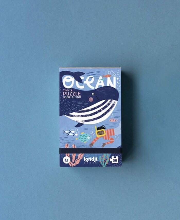 Boîte de poche blanche du Tiny Puzzle Océan de Londji avec illustration d'une baleine et de poissons.