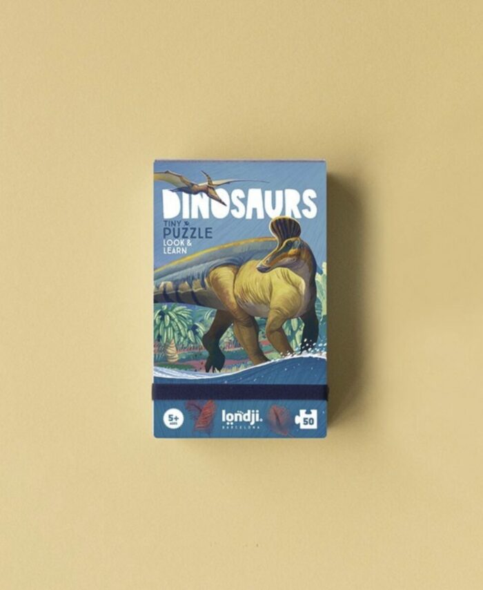 Boîte de poche blanche du Tiny Puzzle Dinosaurs de Londji avec illustration d'un T-Rex.