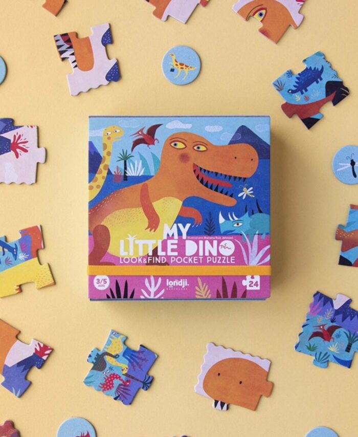 Boîte de poche blanche du puzzle My Little Dino de Londji montrant une illustration de dinosaure.