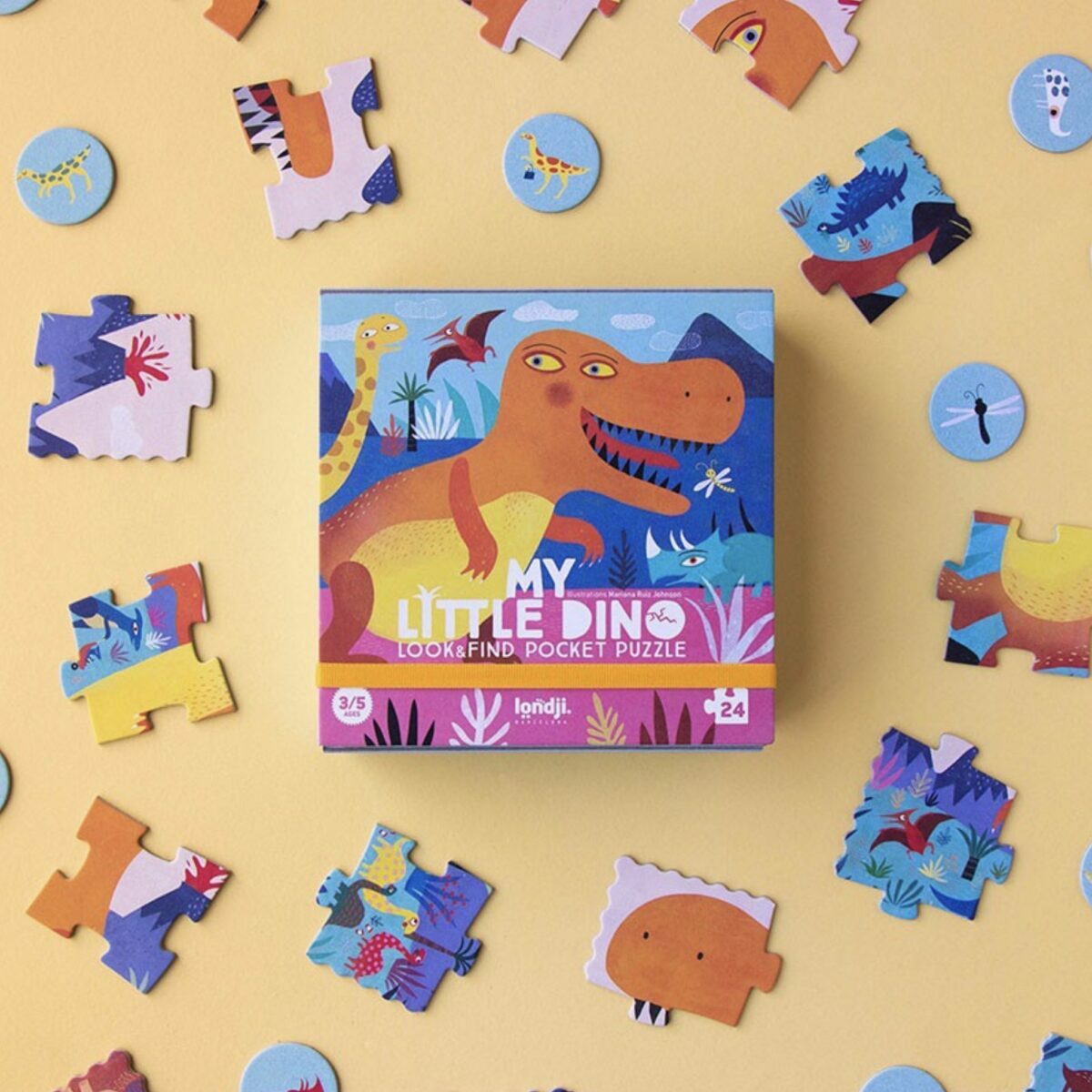 Boîte de poche blanche du puzzle My Little Dino de Londji montrant une illustration de dinosaure.