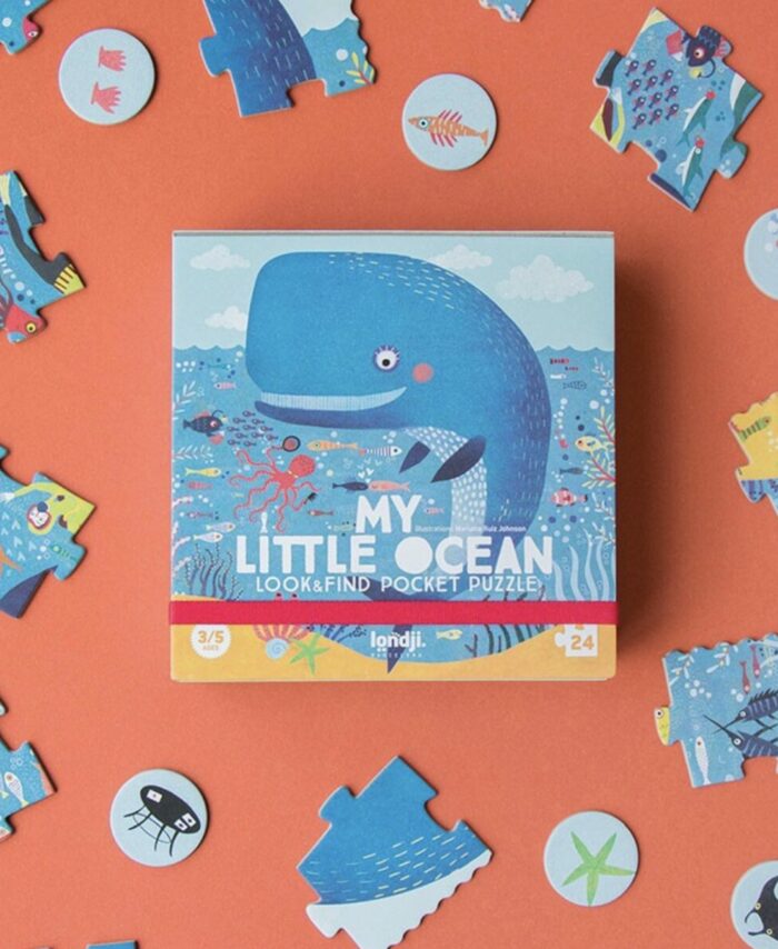 Boîte de poche carrée du puzzle My Little Ocean de Londji montrant une illustration de baleine.