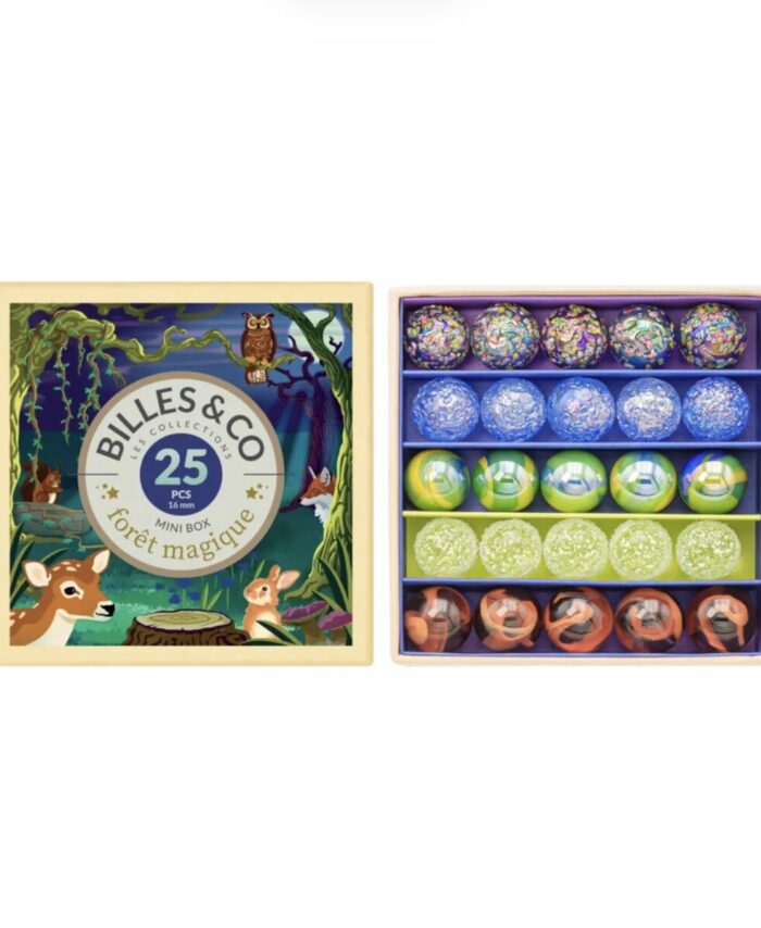 Coffret de 25 billes multicolores Billes & Co. présenté dans une boîte compartimentée avec des illustrations artistiques.