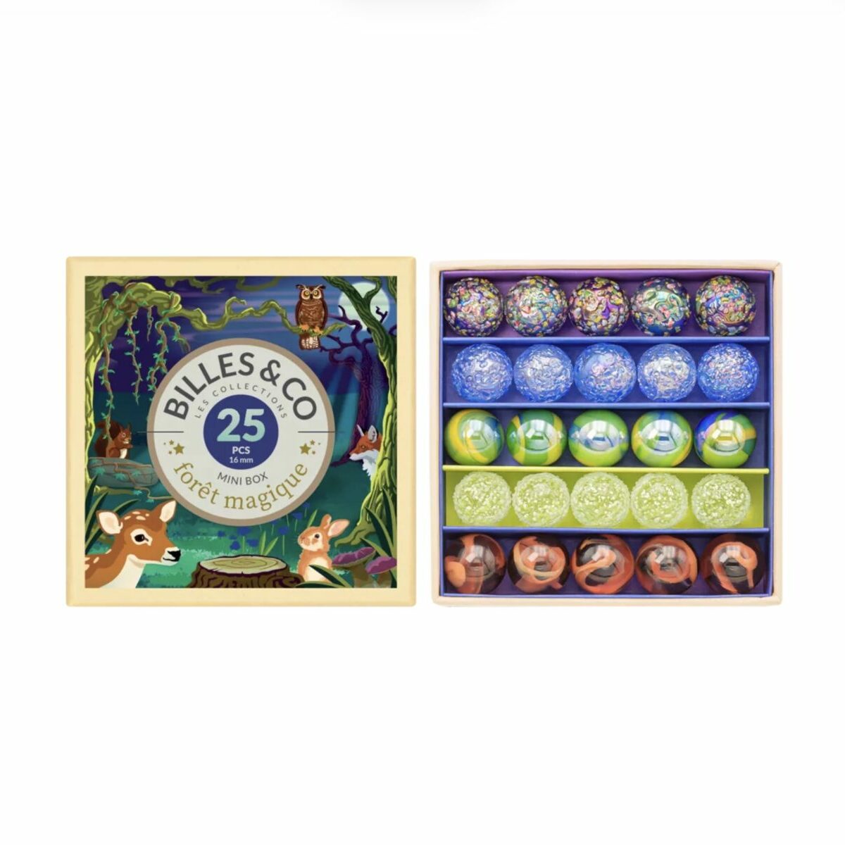 Coffret de 25 billes multicolores Billes & Co. présenté dans une boîte compartimentée avec des illustrations artistiques.