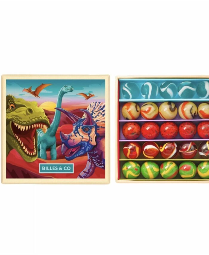 Coffret de 25 billes multicolores Billes & Co. présenté dans une boîte compartimentée avec des illustrations artistiques.