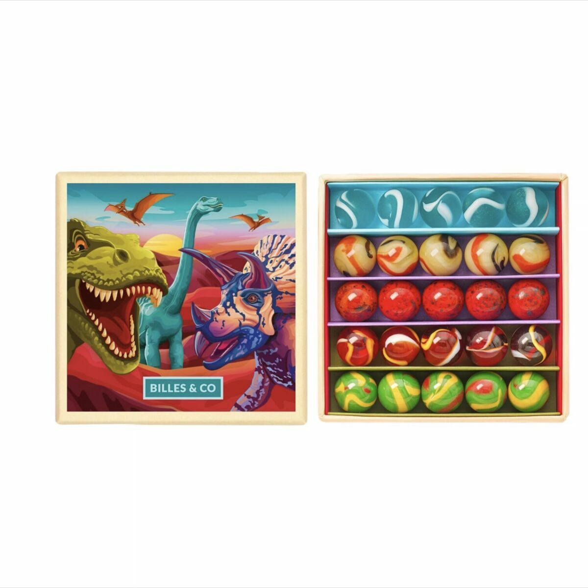 Coffret de 25 billes multicolores Billes & Co. présenté dans une boîte compartimentée avec des illustrations artistiques.