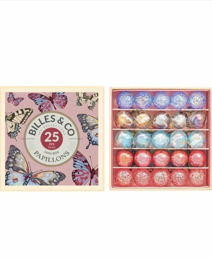 Coffret de 25 billes multicolores Billes & Co. présenté dans une boîte compartimentée avec des illustrations artistiques.