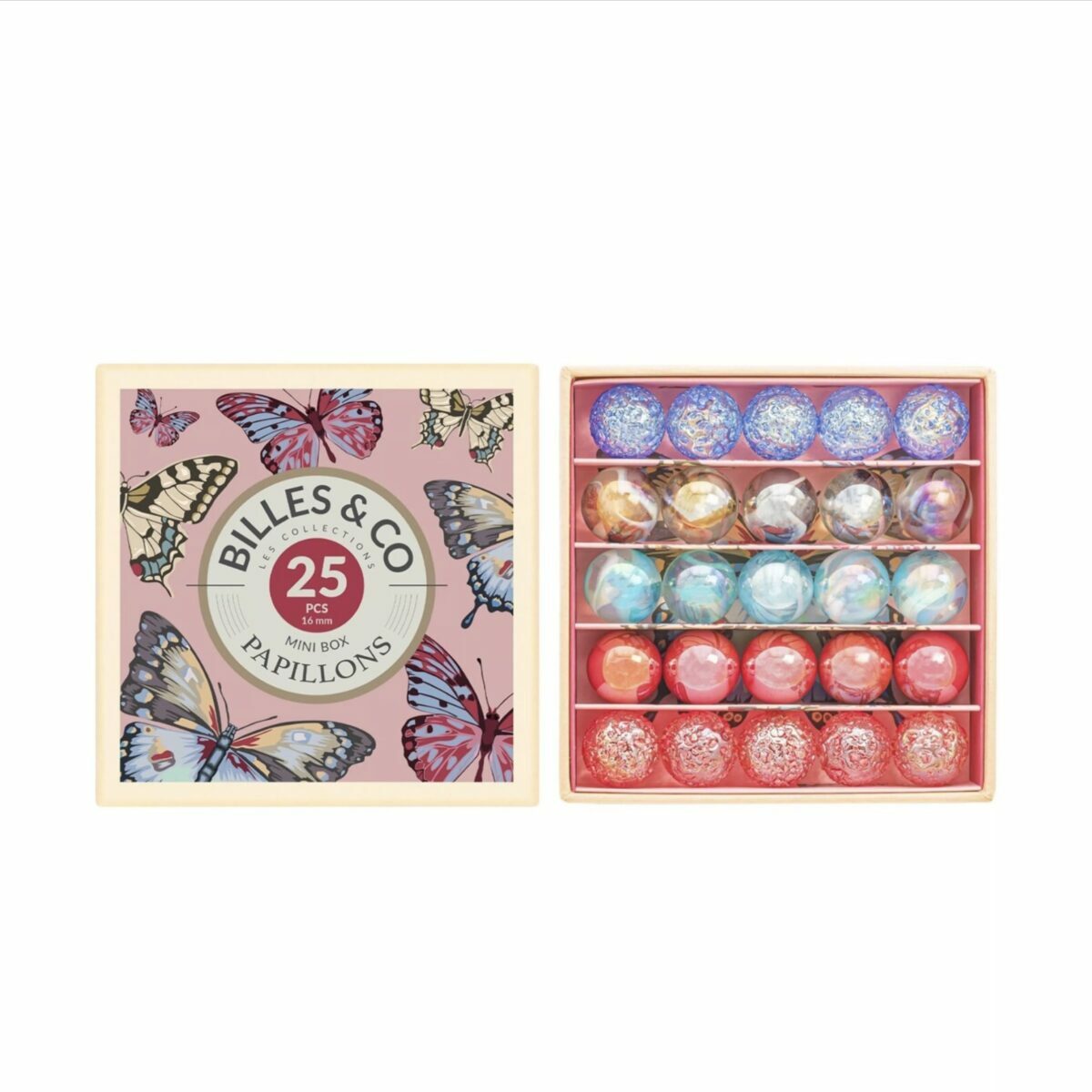 Coffret de 25 billes multicolores Billes & Co. présenté dans une boîte compartimentée avec des illustrations artistiques.