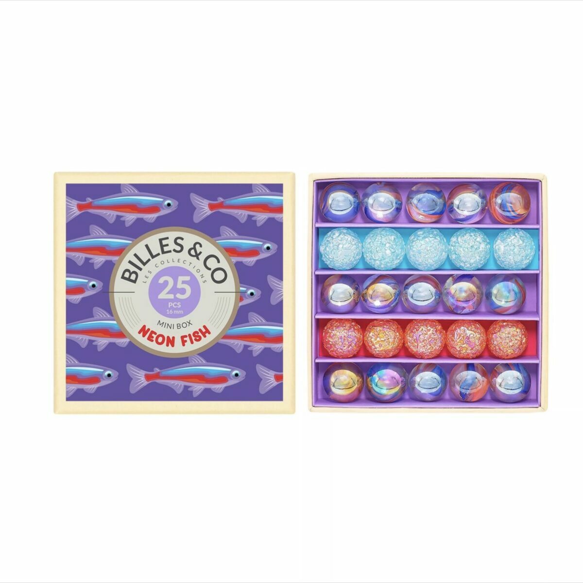Coffret de 25 billes multicolores Billes & Co. présenté dans une boîte compartimentée avec des illustrations artistiques.