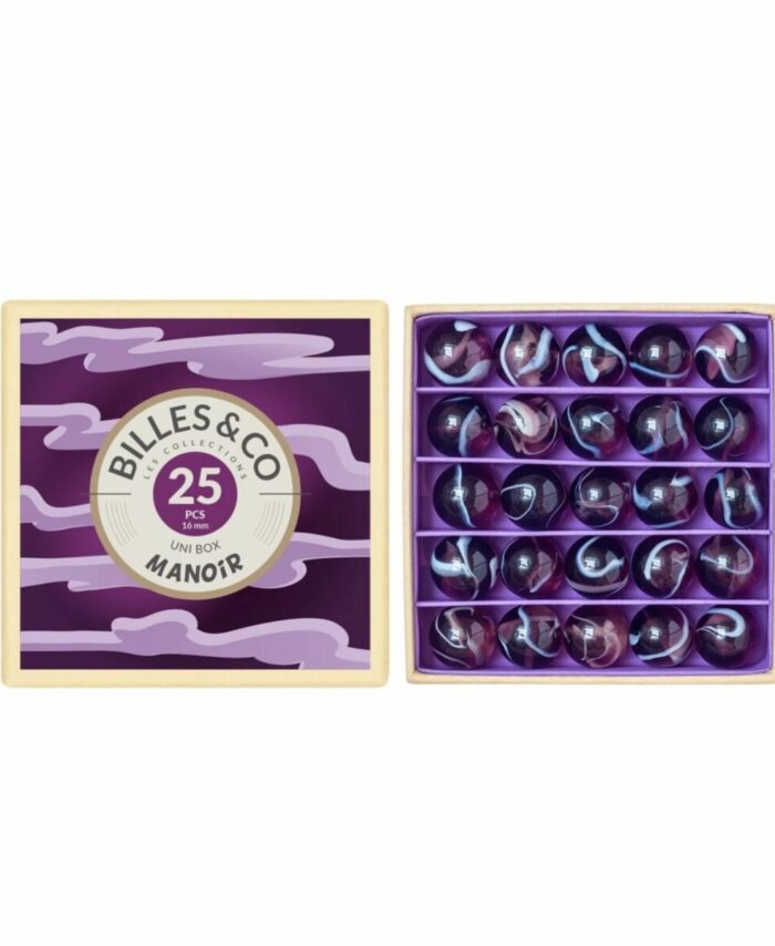 Coffret de 25 billes multicolores Billes & Co. présenté dans une boîte compartimentée avec des illustrations artistiques.