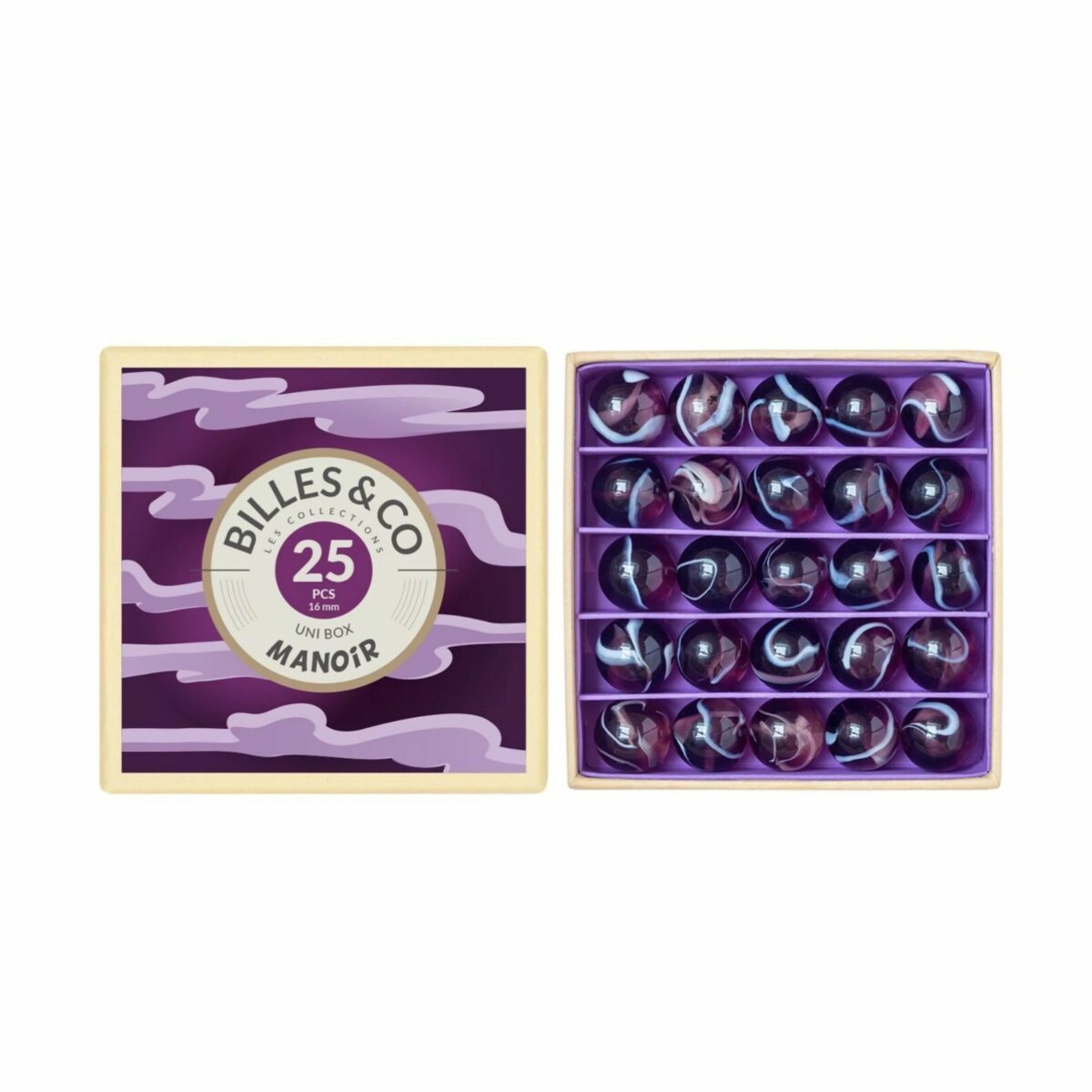 Coffret de 25 billes multicolores Billes & Co. présenté dans une boîte compartimentée avec des illustrations artistiques.