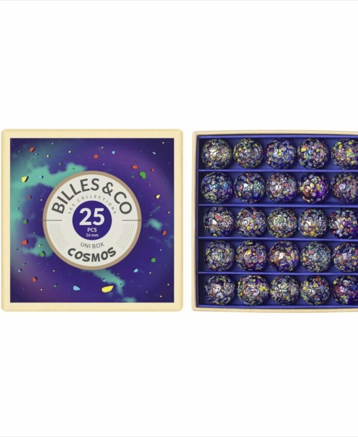 Coffret de 25 billes multicolores Billes & Co. présenté dans une boîte compartimentée avec des illustrations artistiques.