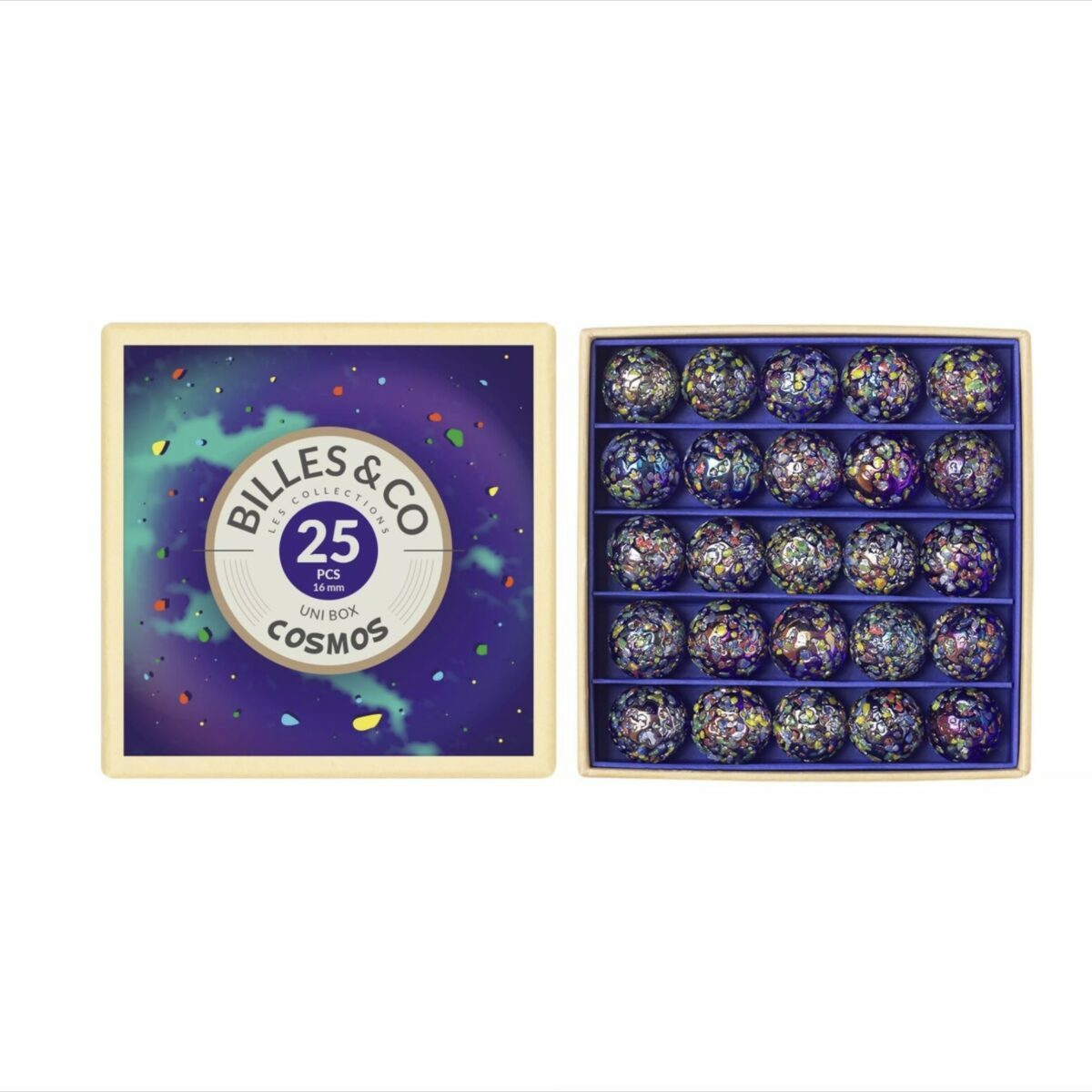 Coffret de 25 billes multicolores Billes & Co. présenté dans une boîte compartimentée avec des illustrations artistiques.