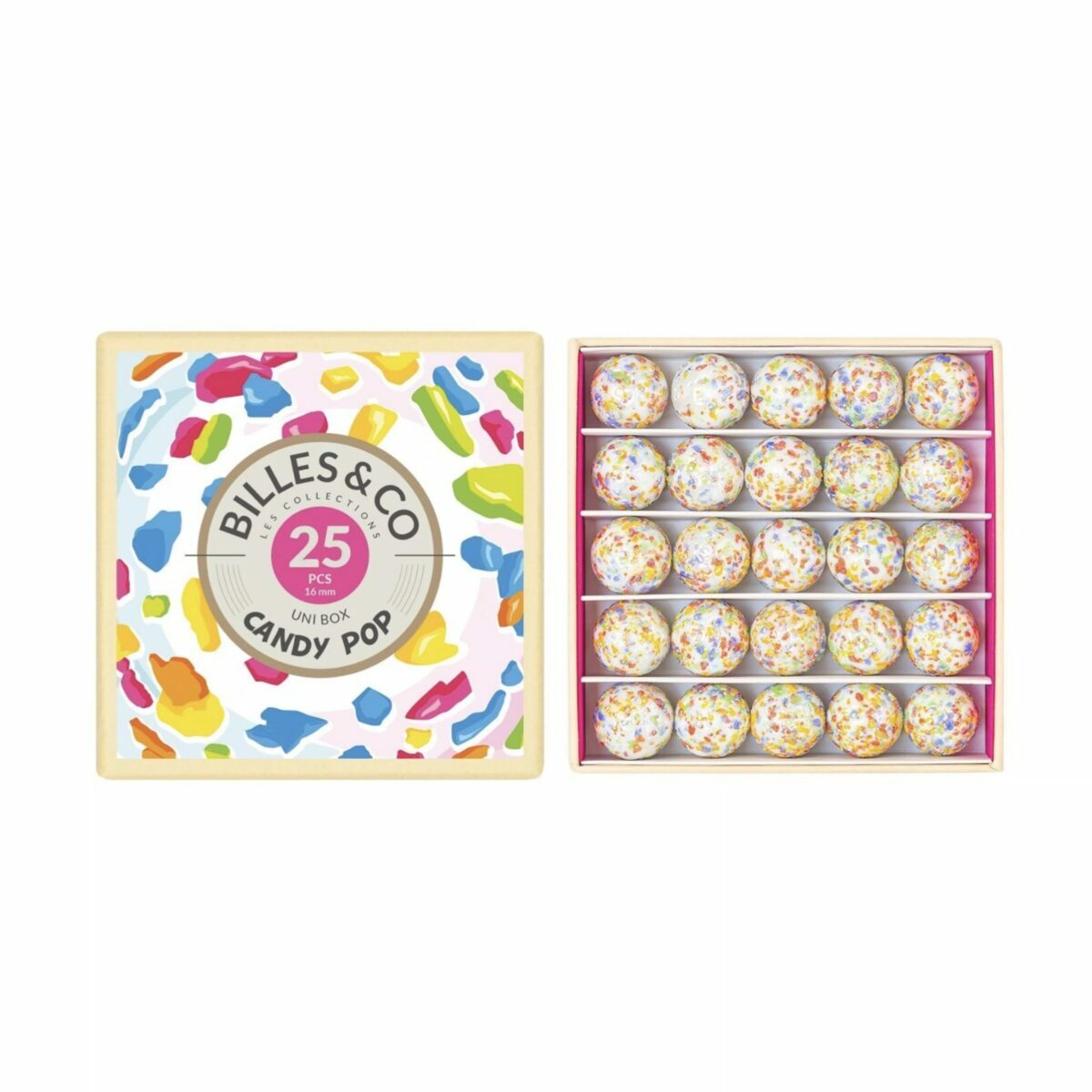 Coffret de 25 billes multicolores Billes & Co. présenté dans une boîte compartimentée avec des illustrations artistiques.