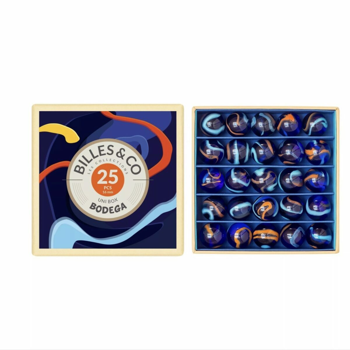 Coffret de 25 billes multicolores Billes & Co. présenté dans une boîte compartimentée avec des illustrations artistiques.