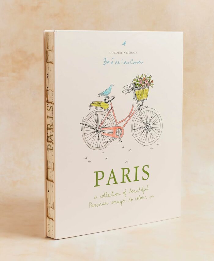 Carnet de coloriage Paris de Zoé de las Cases – couverture avec illustration d’un vélo rose et panier fleuri, éditions Mitchell Beazley