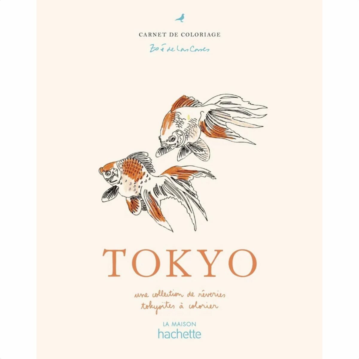 Couverture du carnet de coloriage Tokyo de Zoé de las Cases – illustration aquarellée de deux poissons rouges voilés en orange et brun, édité par La Maison Hachette
