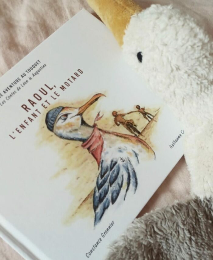 Livre jeunesse Raoul l’enfant et le motard des Contes de Léon et Augustine posé sur une couette rose pâle avec un doudou mouette blanc et gris en arrière-plan, couverture blanche avec illustration aquarelle de Raoul le goéland en plein vol et scène de plage en arrière-plan