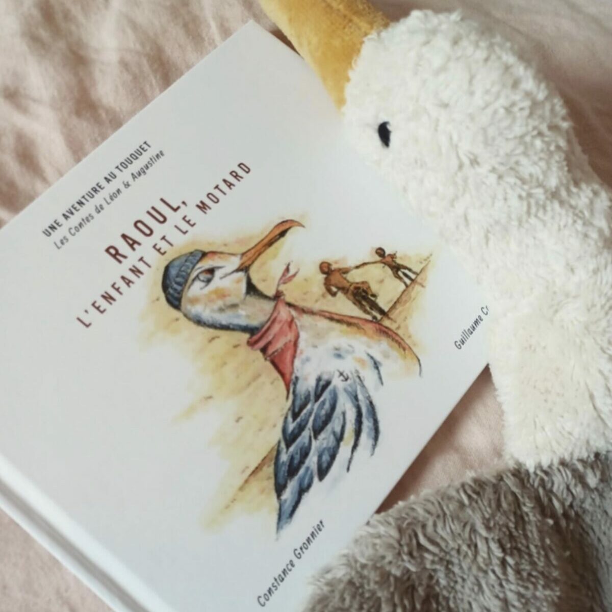 Livre jeunesse Raoul l’enfant et le motard des Contes de Léon et Augustine posé sur une couette rose pâle avec un doudou mouette blanc et gris en arrière-plan, couverture blanche avec illustration aquarelle de Raoul le goéland en plein vol et scène de plage en arrière-plan