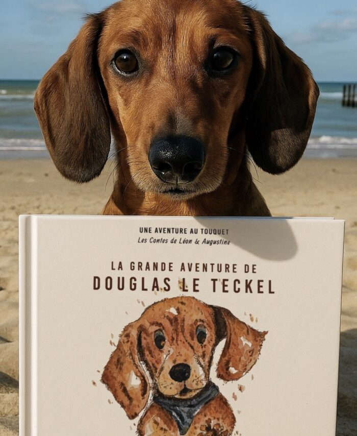 Un vrai teckel roux en gros plan tenant la couverture du livre La Grande Aventure de Douglas le Teckel entre ses pattes avant, sur la plage du Touquet avec mer et épis de plage en arrière-plan, ciel bleu