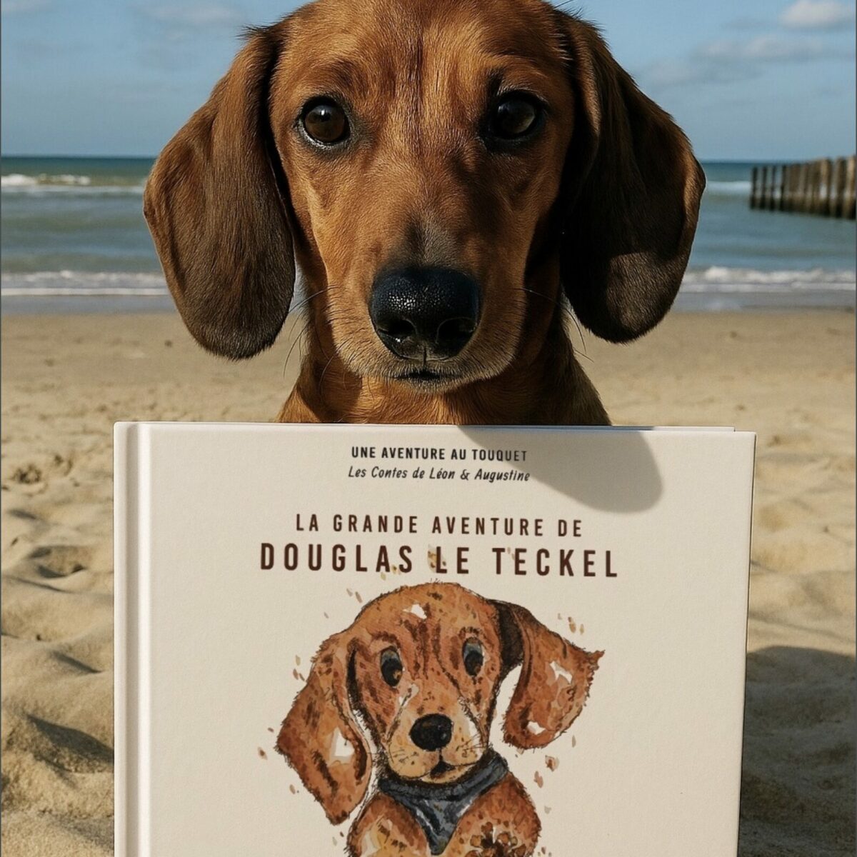 Un vrai teckel roux en gros plan tenant la couverture du livre La Grande Aventure de Douglas le Teckel entre ses pattes avant, sur la plage du Touquet avec mer et épis de plage en arrière-plan, ciel bleu