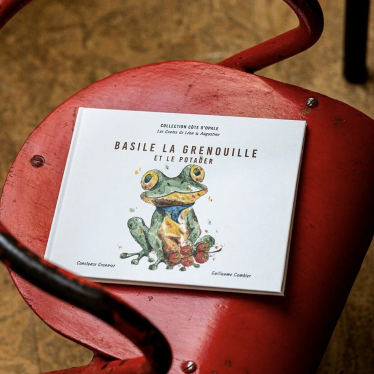 Livre jeunesse Basile la Grenouille et le Potager des Contes de Léon et Augustine posé sur une chaise en métal rouge vieilli, couverture blanche avec illustration aquarelle de Basile la grenouille en chapeau bleu tenant des tomates rouges