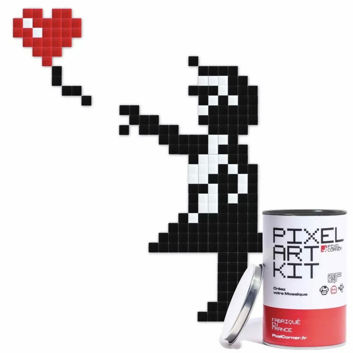 Kit Pixel Art mural Big Girl with Balloon Pixel Corner – boîte et mosaïque assemblée sur fond blanc