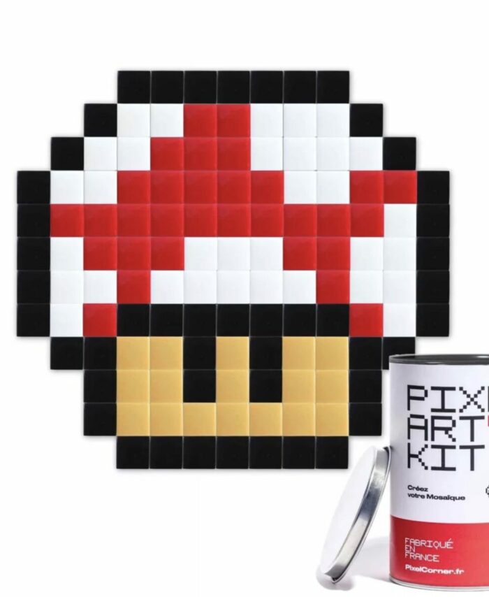 Kit Pixel Art mural Baby Shroom Pixel Corner – mosaïque champignon rouge et blanc assemblée avec boîte