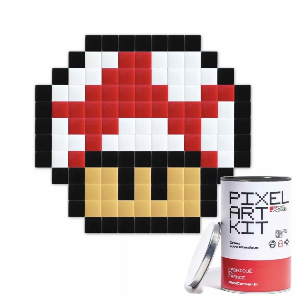 Kit Pixel Art mural Baby Shroom Pixel Corner – mosaïque champignon rouge et blanc assemblée avec boîte