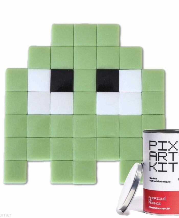 Green Texte alternatif Kit Pixel Art Gloomie Light Green Pixel Corner – fantôme vert en mosaïque de verre avec boîte